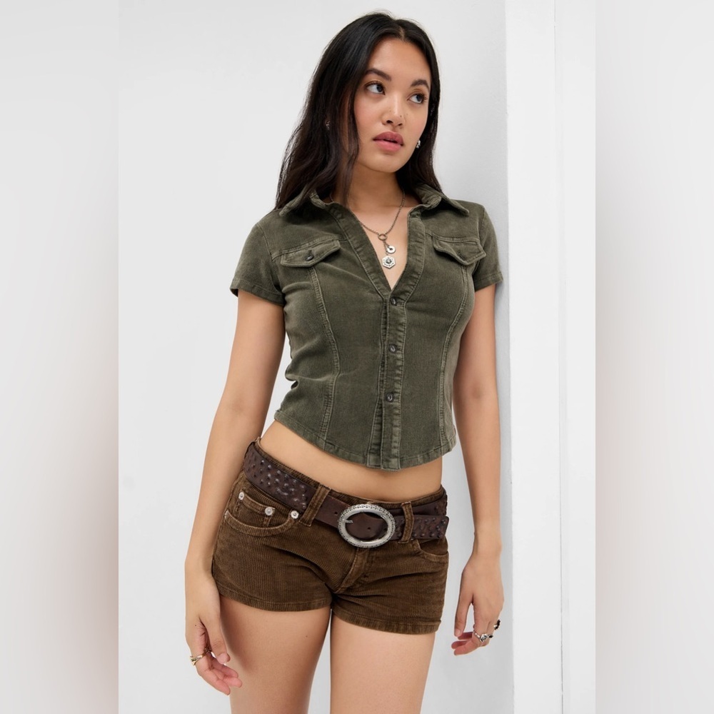 BDG Urban Outfitters Corduroy Button Up Crop Top Olive Green NWT Small